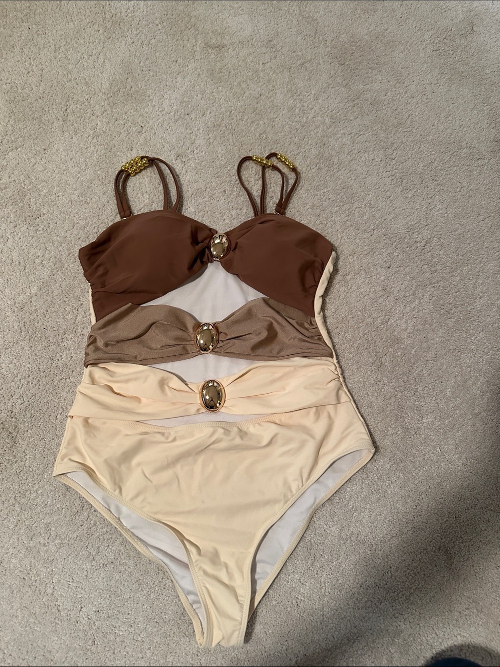One-Piece Swimsuit in Brown, Tan and Cream - Elegant gold Accents